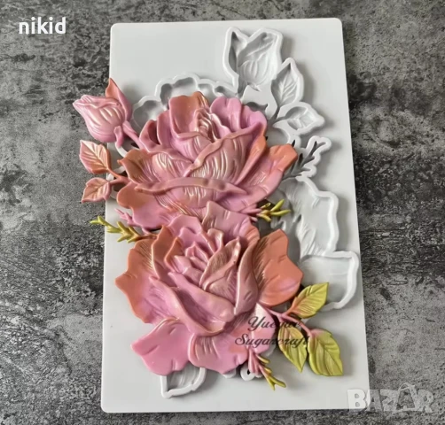 Роза рози цветя божур пано силиконов молд форма фондан декор украса торта гипс