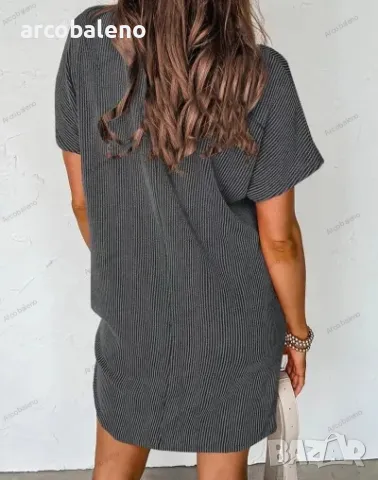 Ежедневна дамска рокля с джоб с къси ръкави и контрастни вълнообразни райета, 8цвята , снимка 4 - Рокли - 49494573
