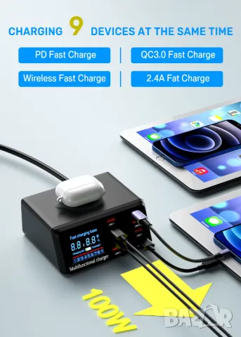 ASOMETECH 100W Зарядно устройство станция 9-в-1 с безжично зареждане 7USB порта+1 Type C QC3.0 PD3.0, снимка 3 - Оригинални зарядни - 49785497
