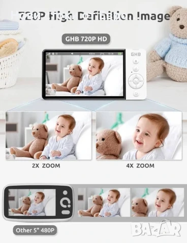 GHB Бебефон с камера и нощно виждане 5'' 720P HD 5000mAh видео бебефон с камера, IPS екран, снимка 2 - Бебефони - 50628105