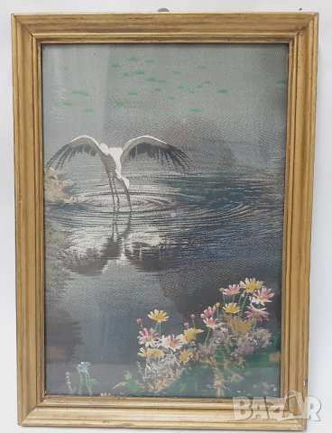 Стара бродирана картина, гоблен - щъркел, цветя(14.3), снимка 1 - Гоблени - 43806238