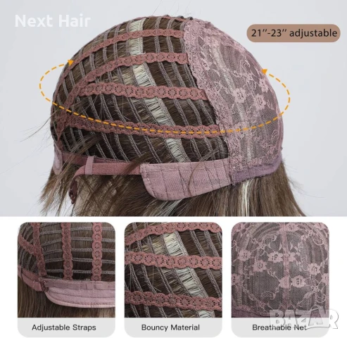 Тъмно руса перука с фини светли кичури и дълъг бретон, снимка 8 - Аксесоари за коса - 51086955