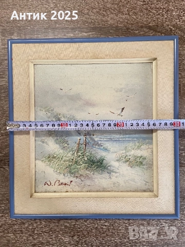 Винтидж морска картина „Дюни край морето“, с авторски подпис, средата на ХХ век, снимка 5 - Антикварни и старинни предмети - 52905821