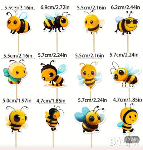 12 бр пчела пчели пчелички картонени топери топер декор торта мъфини кексчета украса парти, снимка 2 - Други - 51956584
