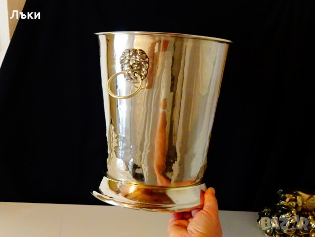 Посребрена месингова шампаниера с лъвски глави. , снимка 5 - Антикварни и старинни предмети - 26313511