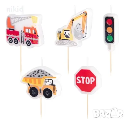 5 бр свещи свещ кран багер превозни средства пътни знаци торта Рожден ден детско парти топери топер