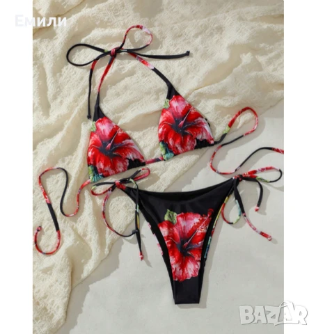 Нов комплект дамски бански от две части с принт цветя хибискус р-р M, L, снимка 2 - Бански костюми - 50620476