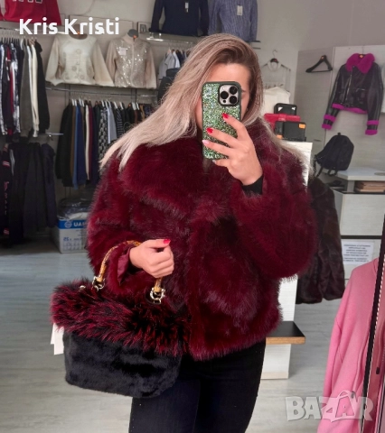 Червено пухкаво яке, снимка 2 - Якета - 52102488