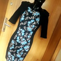 Черна офис рокля със сини флорални мотиви и 3/4 ръкав Л, снимка 1 - Рокли - 33565327