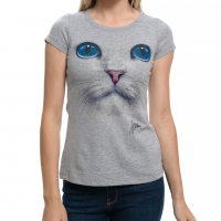 Нова дамска сива тениска с 3D принт Котка със сини очи, снимка 2 - Тениски - 29126621