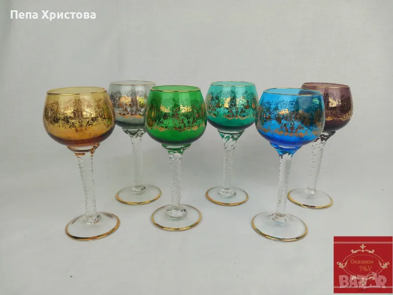  6 броя чаши за вин@ от муранско цветно стъкло (кристал), снимка 1