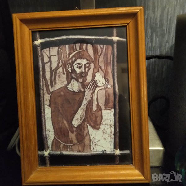Картина в дървена рамка .рисувана върху стъкло , снимка 1