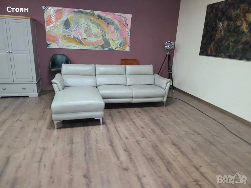 Сив кожен ъглов диван с електрически релаксиращ механизъм, снимка 1