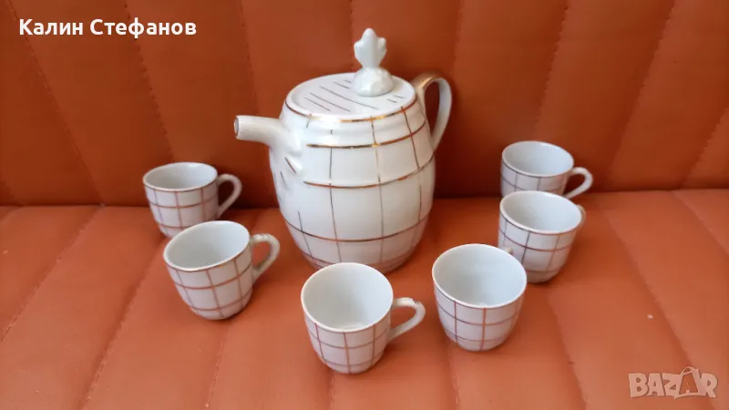 Порцеланов комплект за греяна ракия, буренце с тапа и 6 чашки от едно време, но сега му е времето, снимка 1