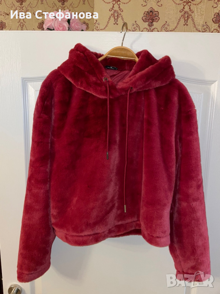 Меко топло палто яке с качулка суичър  бордо имитация на заешка козина кожа , снимка 1