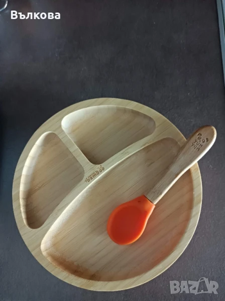 Бамбукови купичка и чинийка с лъжички, снимка 1
