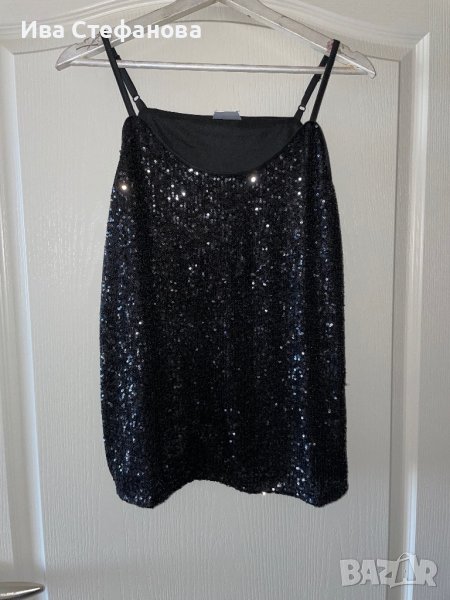 Черен нов еластичен парти коктейлен официален топ потник черни пайети , снимка 1