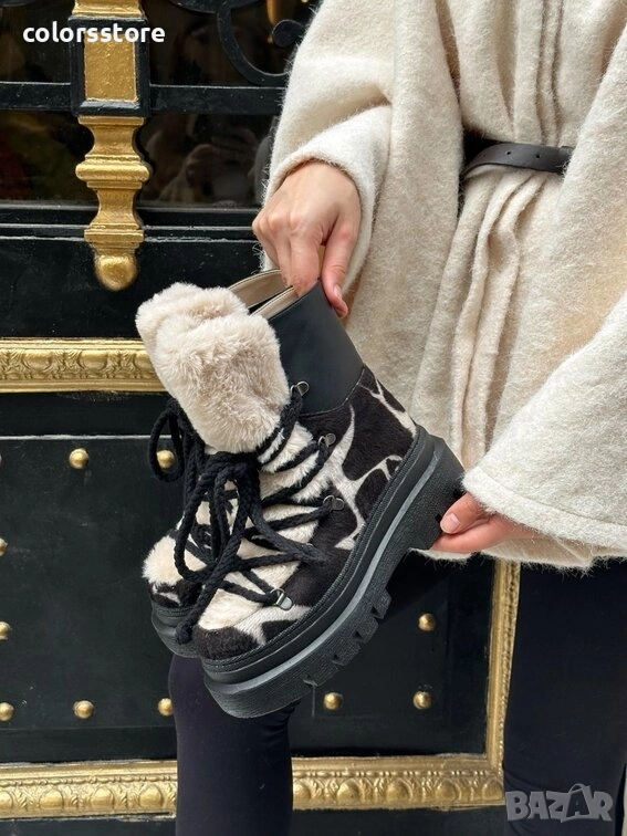 Боти на платформа - черно с бежово принт - BPUH1, снимка 1