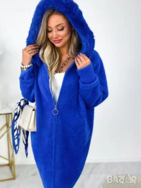 Синьо палто от алпака с качулка, снимка 1