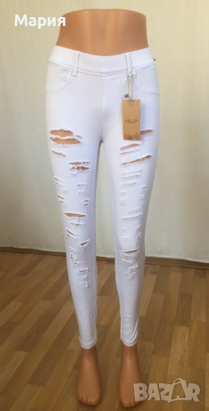 36 С Нови Дамски Дънки Еластични тип Клин Накъсани Бяло-сини с етикет Laulia Fashion Style, снимка 1