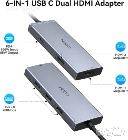 USB C към 2 HDMI адаптер за два монитора, 6 IN 1 докинг станция, снимка 2 - Кабели и адаптери - 49457631