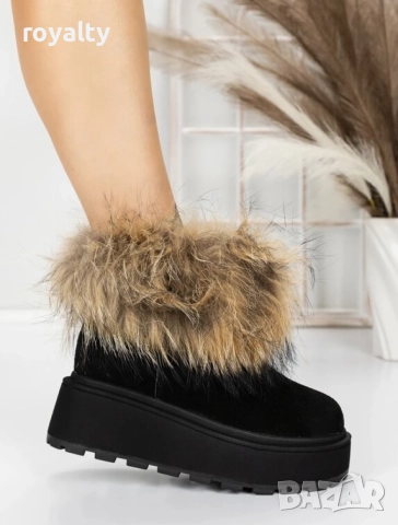 Боти на платформа - черен ЕСТЕСТВЕН велур с бежов ЕСТЕСТВЕН косъм, снимка 2 - Дамски боти - 52528896