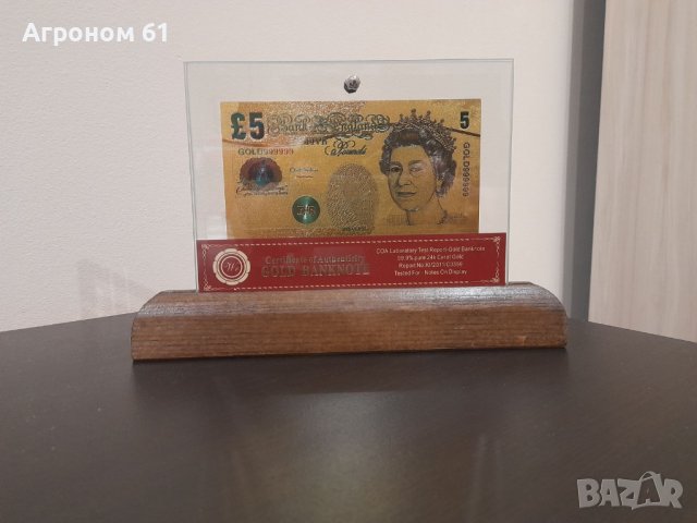 Банкноти Паунди златни в стъклена поставка и масивно дърво, снимка 7 - Други ценни предмети - 38708202