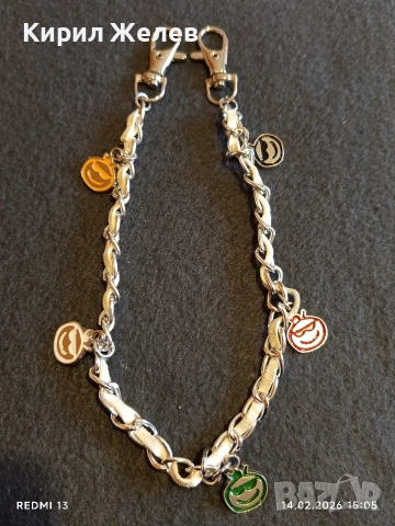 Метална верижка с преплетена кожена лента и висулки усмивка за портфейл, чанта 51809, снимка 5 - Други - 53475907