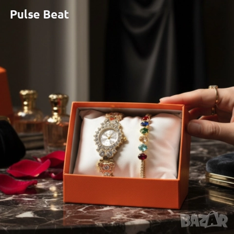 Луксозен дамски комплект – часовник с кристали + гривна с многоцветни камъни, снимка 3 - Дамски - 52057774