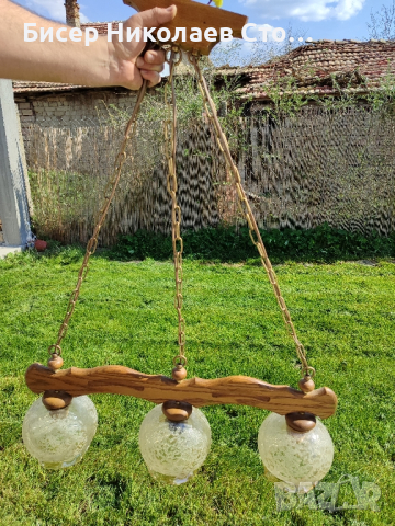 Уникален масивен дървен полилей с красиви стъкленици, синджири и розетка , снимка 2 - Лампи за таван - 44928643