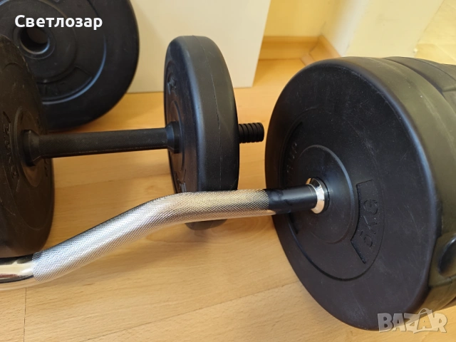 Комплект лост, дръжки и тежести за дъмбели/щанга, снимка 2 - Фитнес уреди - 53371054