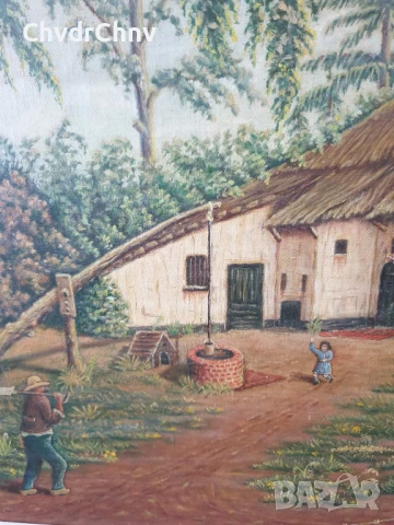 76х56см ферма/голяма картина масло върху платно/къща-хора-кладенец/дървена рамка, снимка 5 - Картини - 50896410