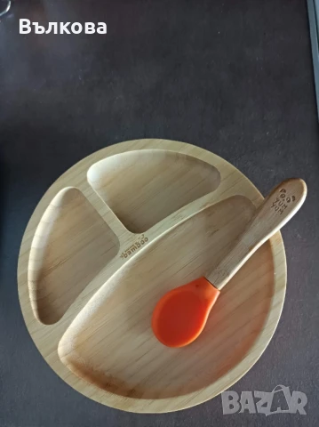 Бамбукови купичка и чинийка с лъжички, снимка 1