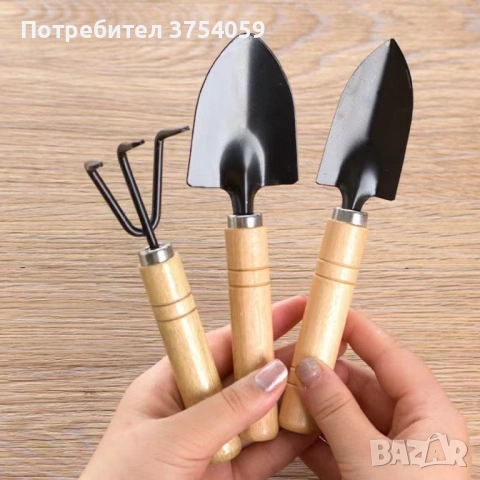 Комплект мини градински инструменти с дървени дръжки – 3 части, снимка 3 - Градински инструменти - 53076796