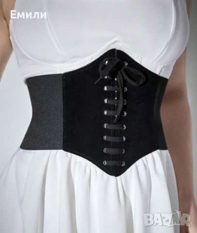 Черен еластичен корсет колан за талия с велур и връзки XS, S и M, снимка 2 - Корсети, бюстиета, топове - 50876588