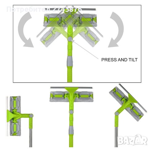  СТЪКЛОЧИСТАЧКА МИКРОФИБЪР С ЧУПЕЩО СЕ РАМО,ТЕЛЕСКОПИЧНА ДРЪЖКА СИЛИКОНОВО ПЕРО И РЕЗЕРВЕН МИКРОФИБЪ, снимка 5 - Мопове, кофи, четки и метли - 40468659