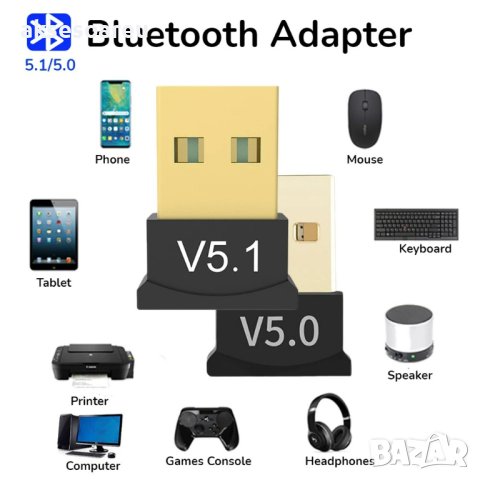 USB Bluetooth 5.1 адаптер Handsfree Безжичен предавател Приемник 2.4 GHz за настолен компютър Лаптоп, снимка 2 - Мрежови адаптери - 40821024