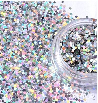 холограмни шестоъгълни ситни лъскави конфети декорации за вграждане в нокти маникюр в кутия
