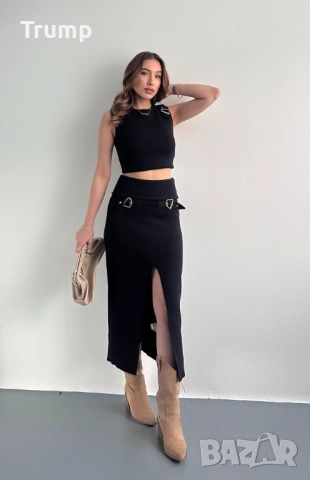 Елегантен комплект,  фино плетиво, дълга пола с блуза, катарами, снимка 2 - Комплекти - 52808895