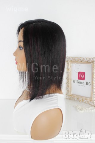 Черна перука от ЕСТЕСТВЕН косъм с тъмночервени кичури Селена, снимка 5 - Аксесоари за коса - 37787339