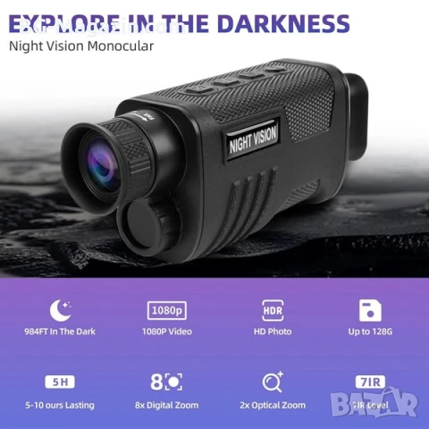 Мощен монокъл за нощно виждане уред за лов наблюдение на птици животни туризъм охрана нощен бинокъл, снимка 12 - Екипировка - 50931143