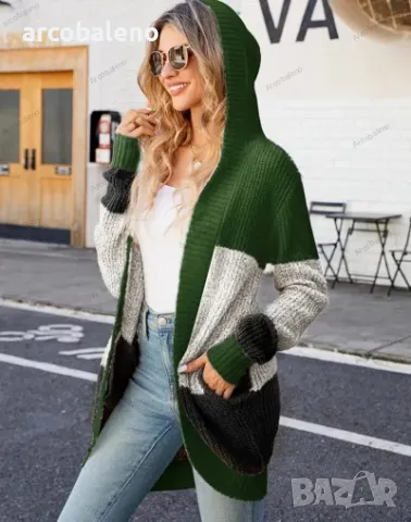 Дамска лежерна ежедневна плетена жилетка със средна дължина с качулка в контрастен стил, 3цвята , снимка 11 - Жилетки - 47500155