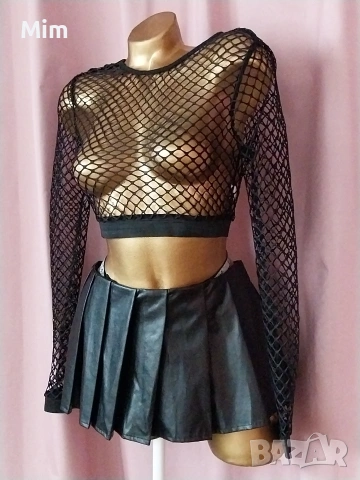 L Черен топ мрежа ,кожена черна ултра къса пола на плисета и черна полупрашка , снимка 3 - Корсети, бюстиета, топове - 53516861