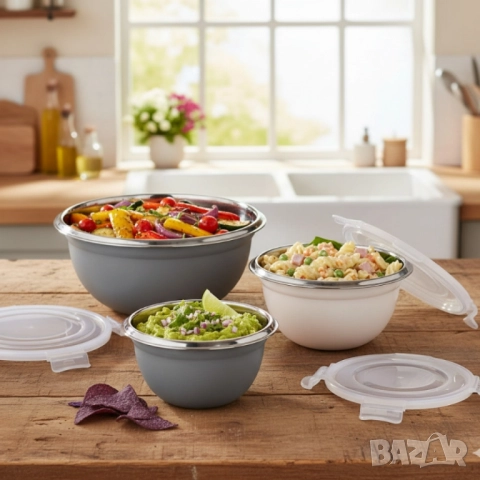 Комплект GOURMETmaxx купи от неръждаема стомана с капаци – 3 в 1 за съхранение и свежест, снимка 3 - Други стоки за дома - 51919627