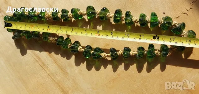 зелен гердан от ръчно стъкло, броеница стара, гердан, перли, обеца, обици, стойка, снимка 6 - Други - 47839005