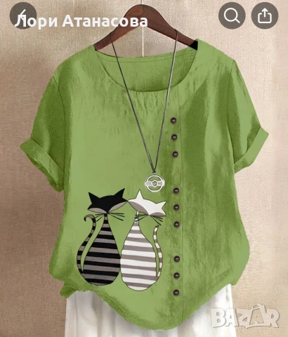 Модерна широка креативна риза с щампа котки, копчета и кръгло деколте, снимка 4 - Ризи - 53492940