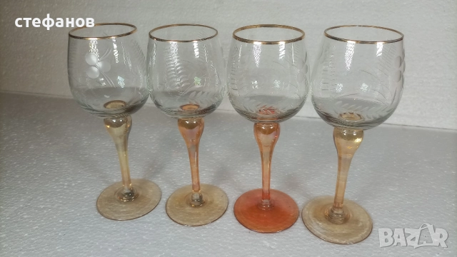 Много красиви чаши за алкохол, калиево стъкло, ръчна гравюра, 4 бр