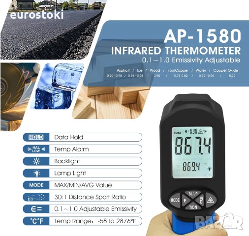 Инфрачервен термометър AOPUTTRIVER AP-1580, инфрачервен пирометър, диапазон от -50°С до 1580°С, снимка 6 - Други инструменти - 52484799