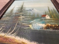 Винтидж пейзаж с водопад и планинска къща, маслена живопис върху панел, с рамка, снимка 5