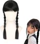 Карнавална перука от човешка коса с бретон и плитки за жени, черна